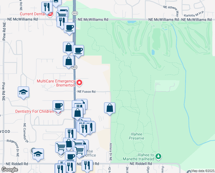 map of restaurants, bars, coffee shops, grocery stores, and more near 1970 Northeast Fuson Road in Bremerton