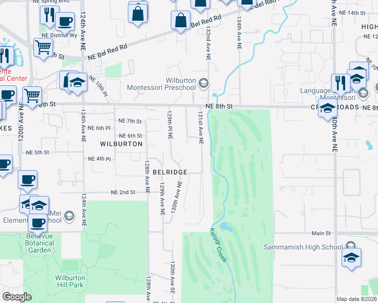 map of restaurants, bars, coffee shops, grocery stores, and more near 502 130th Avenue Northeast in Bellevue