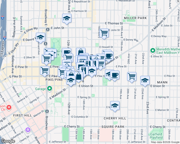 map of restaurants, bars, coffee shops, grocery stores, and more near 1420 East Madison Street in Seattle