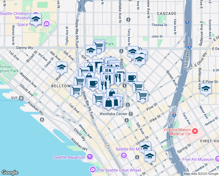 map of restaurants, bars, coffee shops, grocery stores, and more near in Seattle