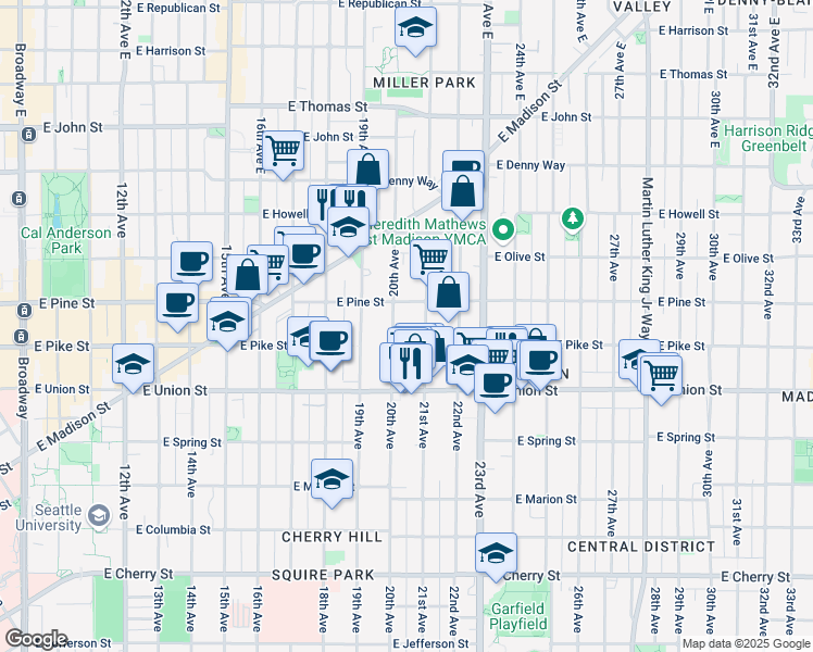 map of restaurants, bars, coffee shops, grocery stores, and more near 1451 21st Avenue in Seattle
