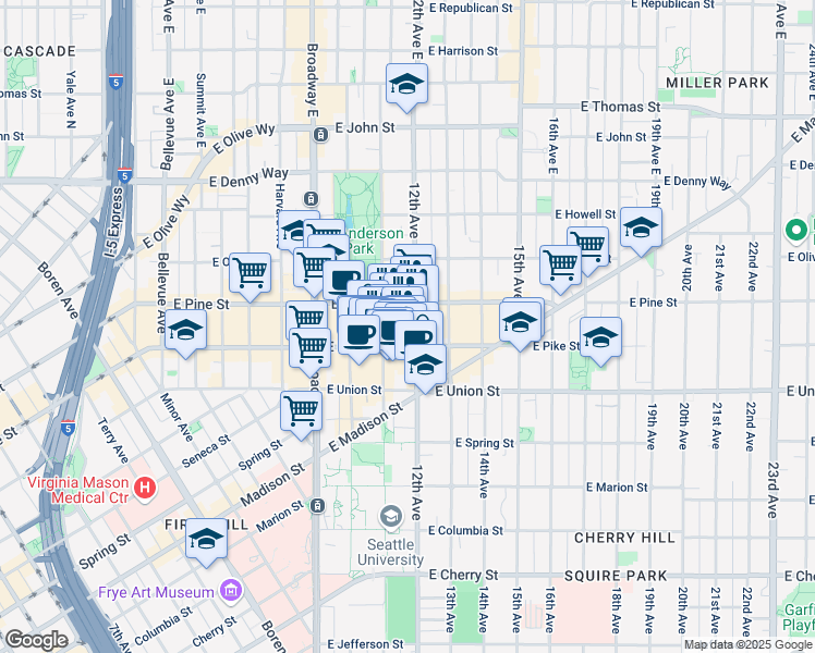 map of restaurants, bars, coffee shops, grocery stores, and more near 1515 12th Avenue in Seattle