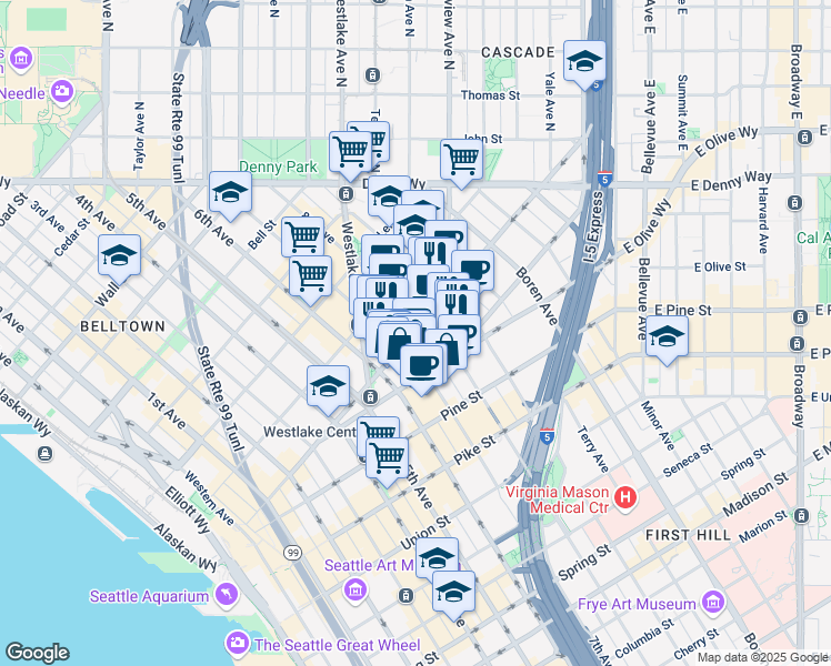 map of restaurants, bars, coffee shops, grocery stores, and more near 769 Stewart Street in Seattle