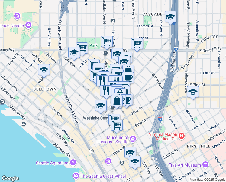 map of restaurants, bars, coffee shops, grocery stores, and more near 1942 Westlake Avenue in Seattle