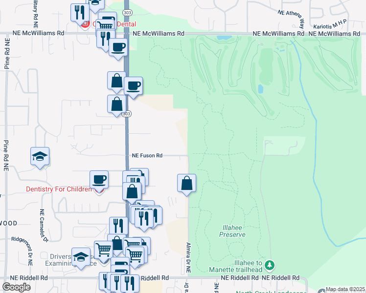 map of restaurants, bars, coffee shops, grocery stores, and more near 1970 Northeast Fuson Road in Bremerton