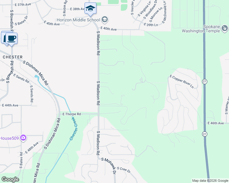 map of restaurants, bars, coffee shops, grocery stores, and more near 4311 South Madison Road in Spokane Valley