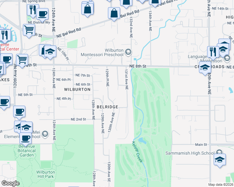 map of restaurants, bars, coffee shops, grocery stores, and more near 502 130th Avenue Northeast in Bellevue
