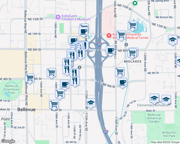 map of restaurants, bars, coffee shops, grocery stores, and more near 404 112th Avenue Northeast in Bellevue