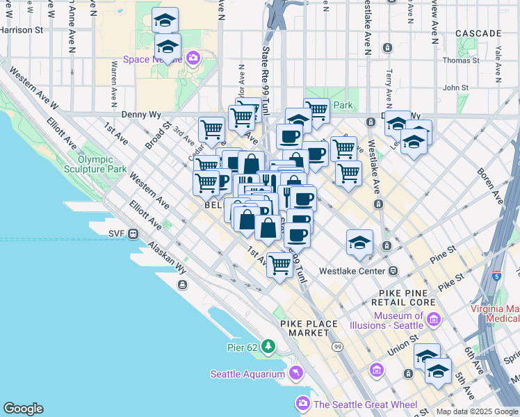 map of restaurants, bars, coffee shops, grocery stores, and more near in Seattle
