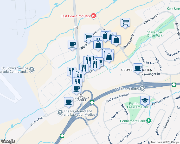 map of restaurants, bars, coffee shops, grocery stores, and more near 2 Stavanger Drive in St. John's