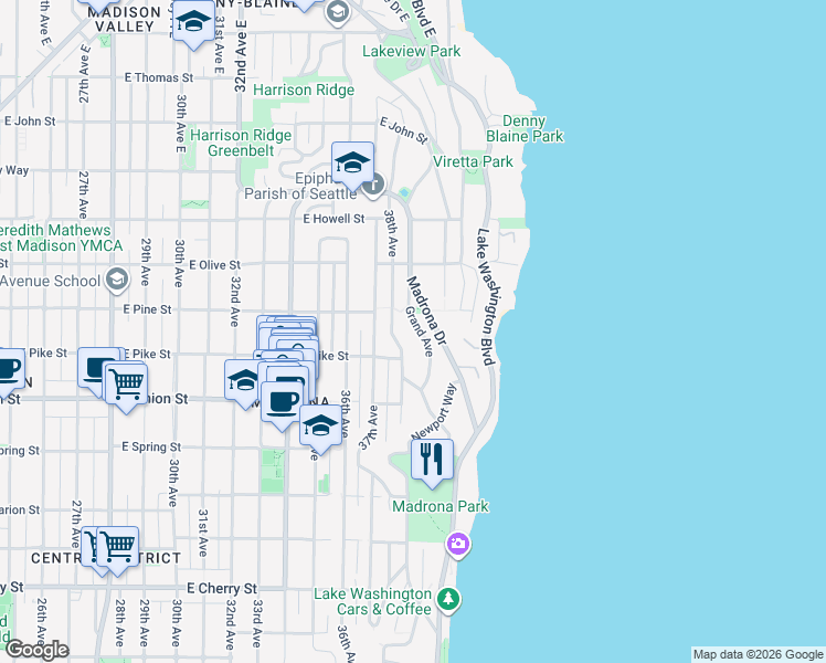 map of restaurants, bars, coffee shops, grocery stores, and more near 1555 Grand Avenue in Seattle