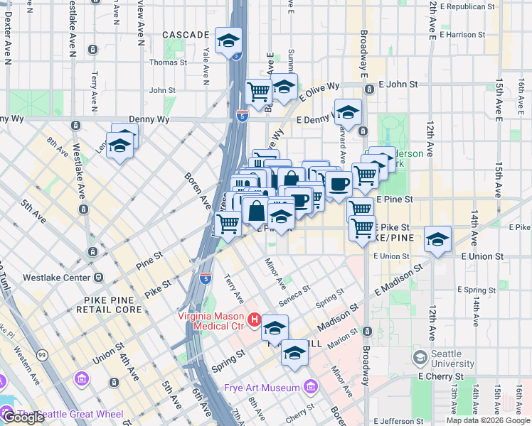 map of restaurants, bars, coffee shops, grocery stores, and more near 1535 Bellevue Avenue in Seattle