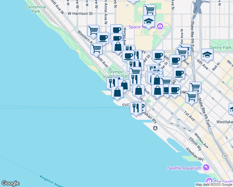 map of restaurants, bars, coffee shops, grocery stores, and more near in Seattle