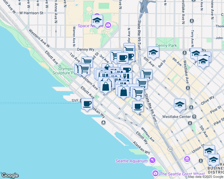 map of restaurants, bars, coffee shops, grocery stores, and more near 1st Ave & Wall St in Seattle