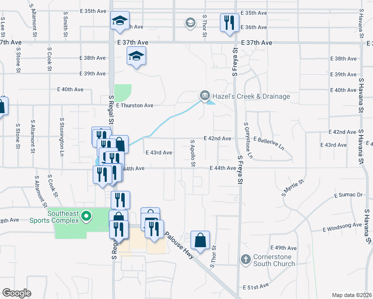 map of restaurants, bars, coffee shops, grocery stores, and more near 4211 South Apollo Street in Spokane