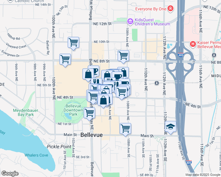 map of restaurants, bars, coffee shops, grocery stores, and more near in Bellevue