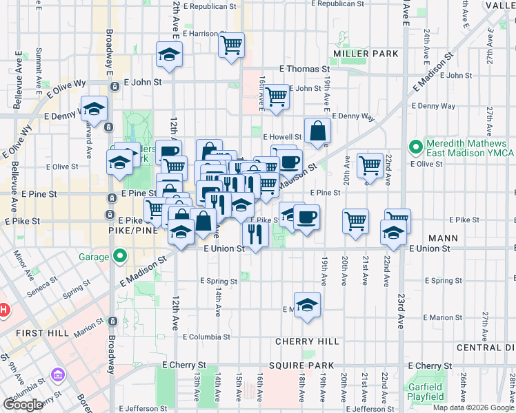 map of restaurants, bars, coffee shops, grocery stores, and more near 1509 East Madison Street in Seattle