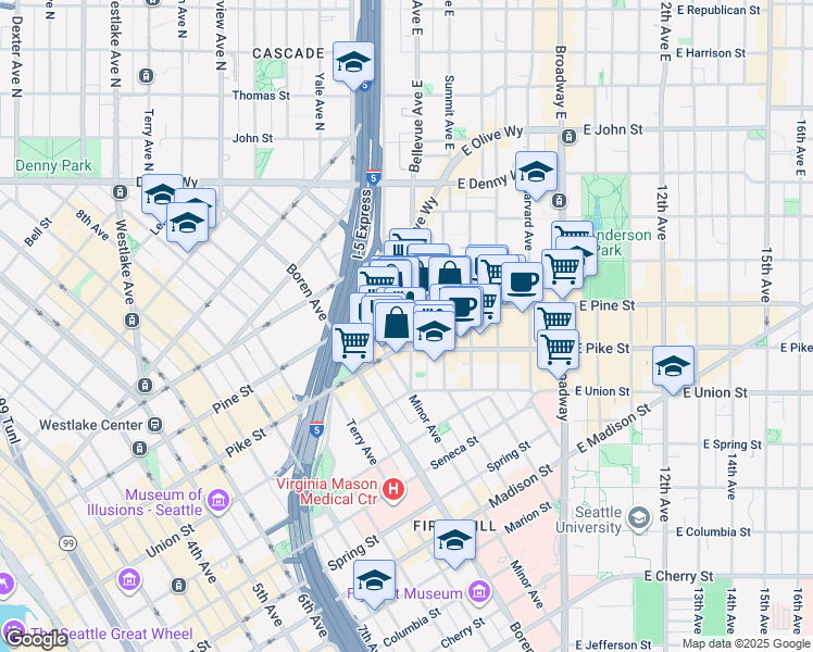 map of restaurants, bars, coffee shops, grocery stores, and more near 1514 Bellevue Avenue in Seattle