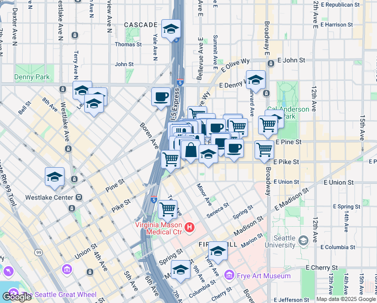 map of restaurants, bars, coffee shops, grocery stores, and more near 1515 Melrose Avenue in Seattle