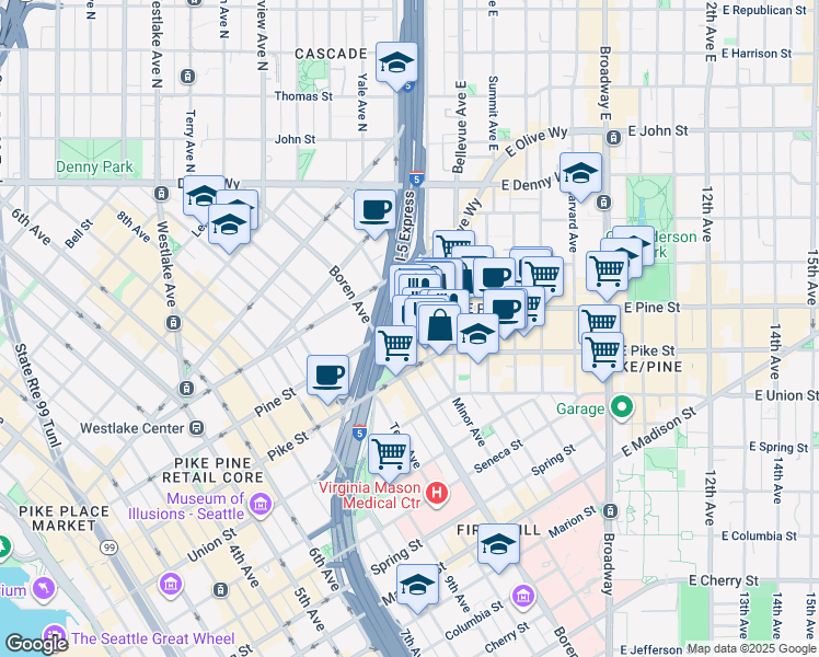 map of restaurants, bars, coffee shops, grocery stores, and more near 1515 Melrose Avenue in Seattle