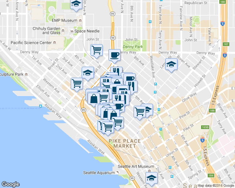 map of restaurants, bars, coffee shops, grocery stores, and more near 2326 6th Avenue in Seattle