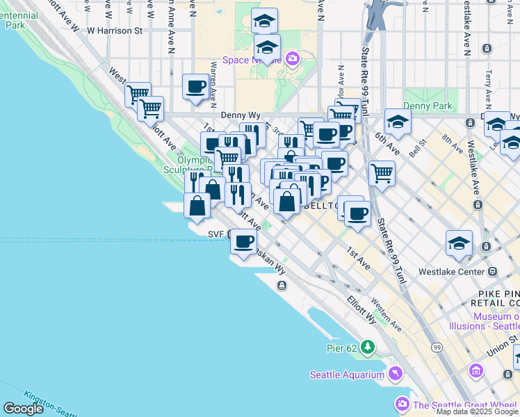 map of restaurants, bars, coffee shops, grocery stores, and more near 2600 Elliott Avenue in Seattle