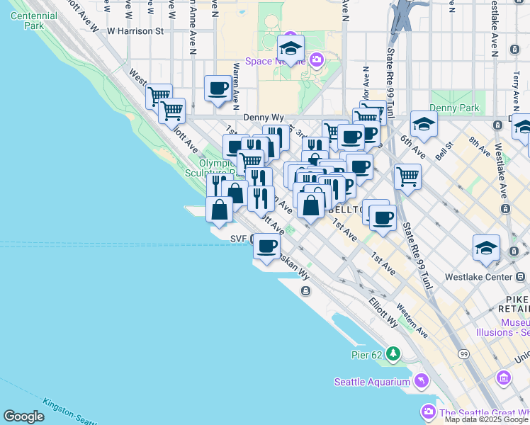 map of restaurants, bars, coffee shops, grocery stores, and more near 2600 Elliott Avenue in Seattle