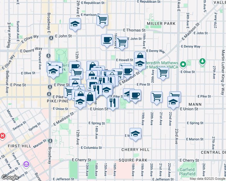 map of restaurants, bars, coffee shops, grocery stores, and more near 1523 East Madison Street in Seattle