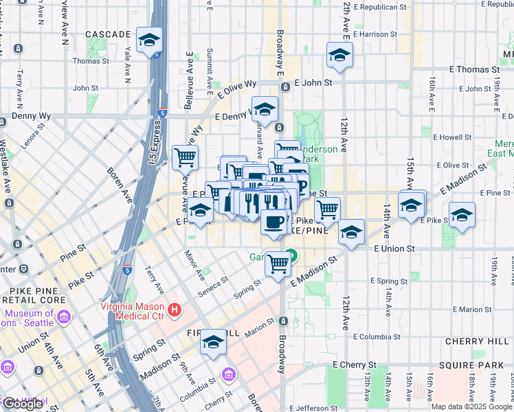 map of restaurants, bars, coffee shops, grocery stores, and more near 1525 Harvard Avenue in Seattle