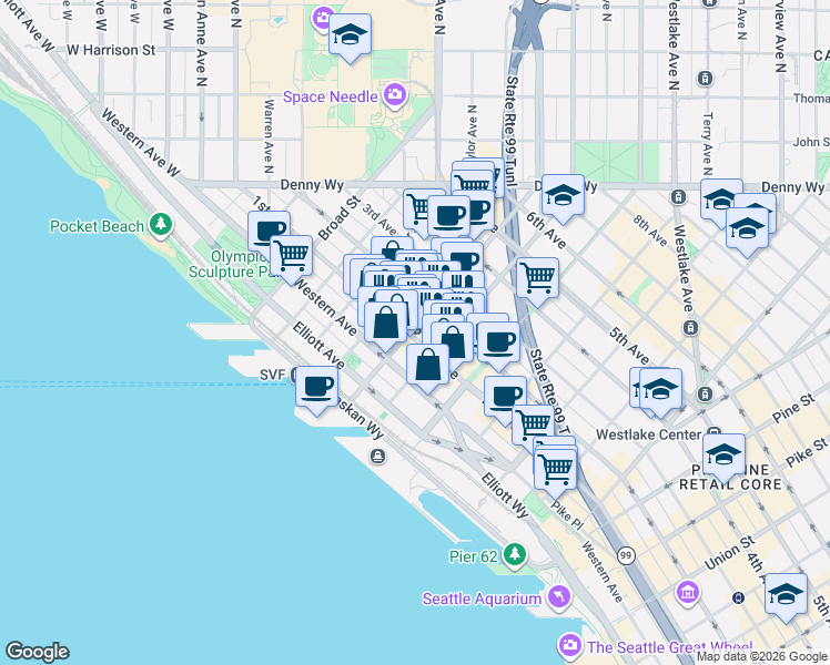map of restaurants, bars, coffee shops, grocery stores, and more near in Seattle