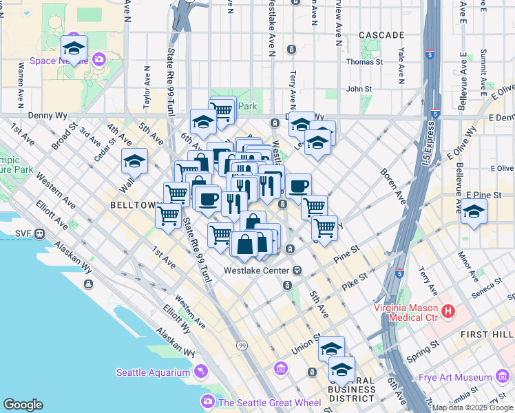 map of restaurants, bars, coffee shops, grocery stores, and more near in Seattle