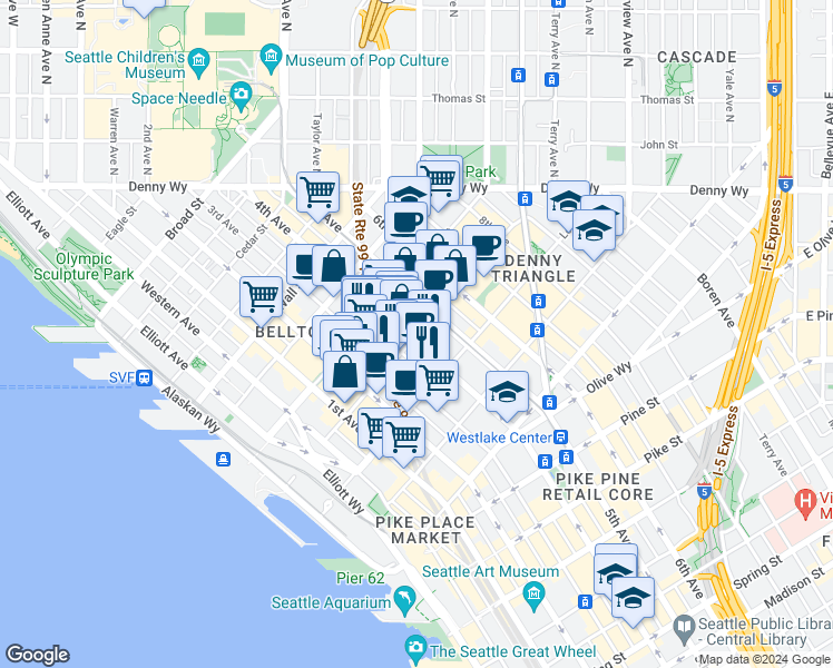 map of restaurants, bars, coffee shops, grocery stores, and more near 318 Blanchard Street in Seattle