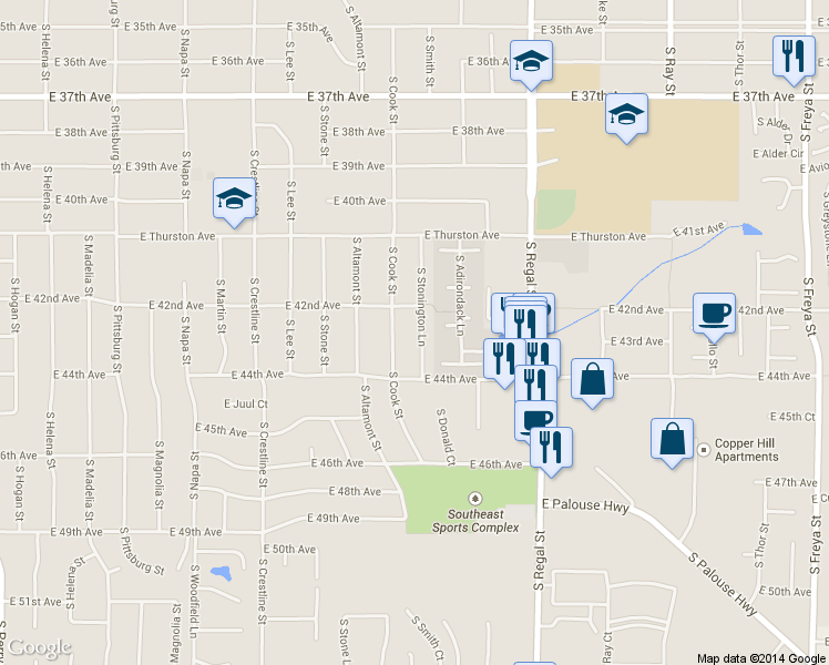 map of restaurants, bars, coffee shops, grocery stores, and more near 4218 S Stonington Ln in Spokane
