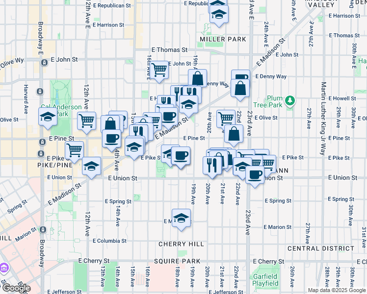 map of restaurants, bars, coffee shops, grocery stores, and more near 1522 18th Avenue in Seattle