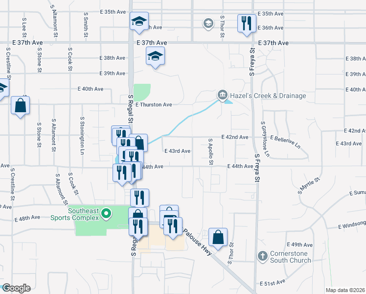 map of restaurants, bars, coffee shops, grocery stores, and more near 3204 East 43rd Avenue in Spokane