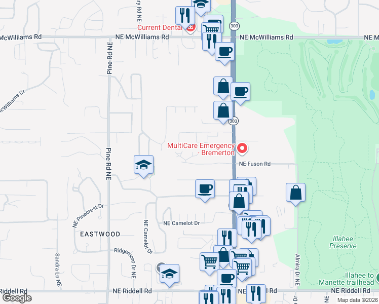 map of restaurants, bars, coffee shops, grocery stores, and more near 1338 Northeast Jasmine Lane in Bremerton
