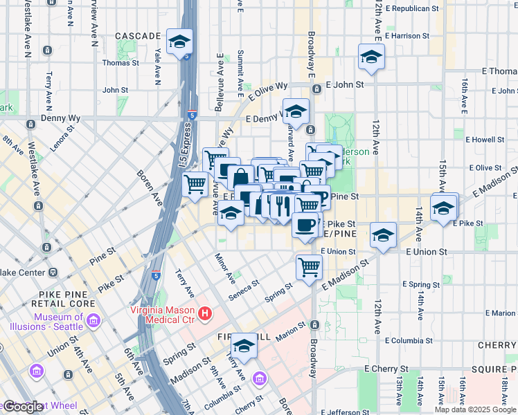 map of restaurants, bars, coffee shops, grocery stores, and more near 1530 Belmont Avenue in Seattle
