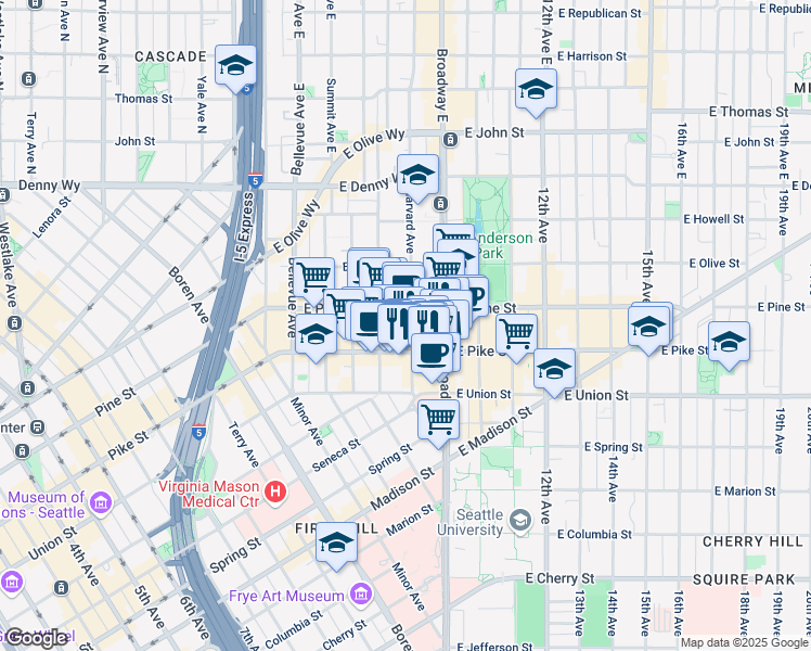 map of restaurants, bars, coffee shops, grocery stores, and more near in Seattle