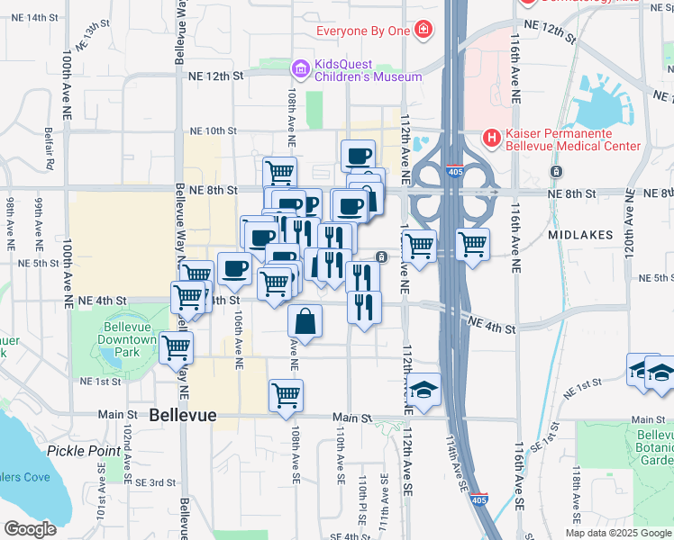 map of restaurants, bars, coffee shops, grocery stores, and more near 10900 Northeast 4th Street in Bellevue