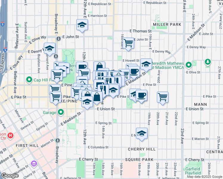 map of restaurants, bars, coffee shops, grocery stores, and more near 1420 East Madison Street in Seattle