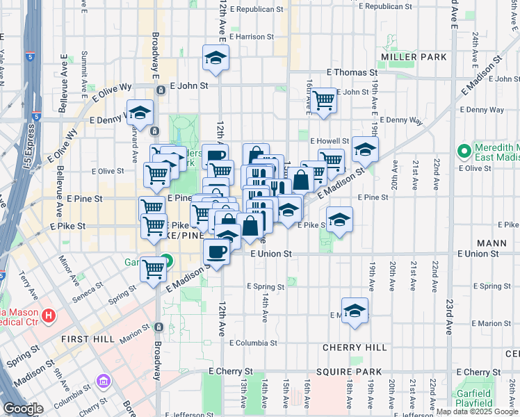 map of restaurants, bars, coffee shops, grocery stores, and more near in Seattle