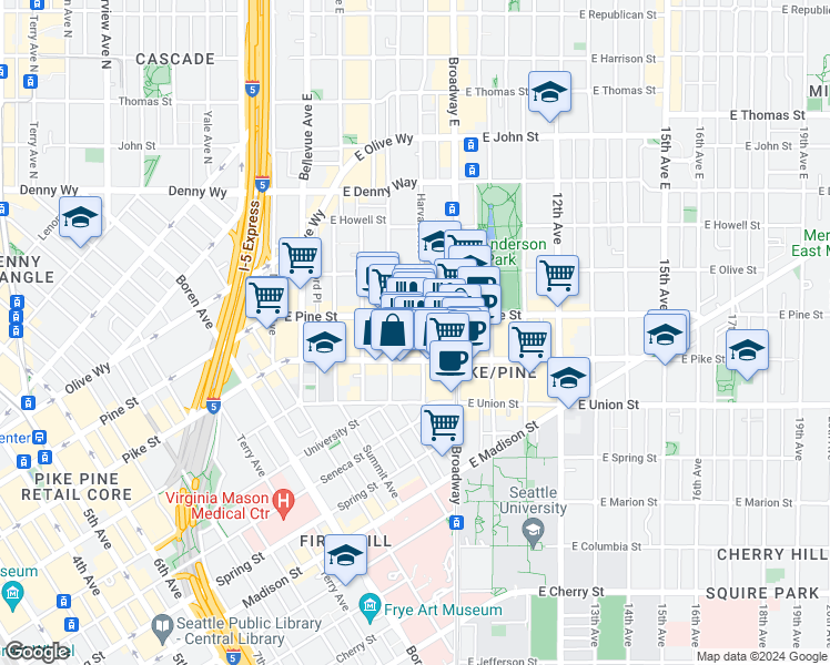 map of restaurants, bars, coffee shops, grocery stores, and more near in Seattle