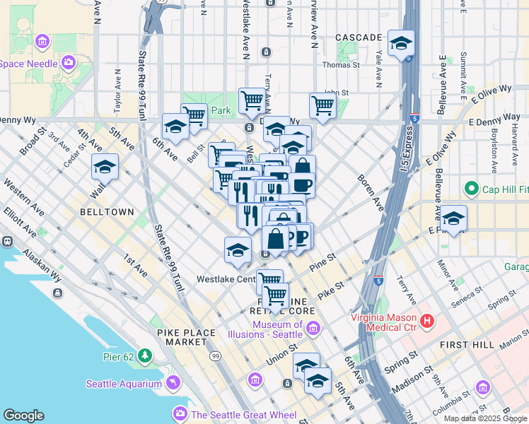 map of restaurants, bars, coffee shops, grocery stores, and more near 1913 7th Avenue in Seattle