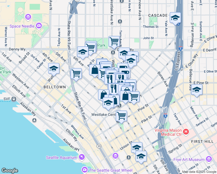 map of restaurants, bars, coffee shops, grocery stores, and more near 2001 6th Avenue in Seattle