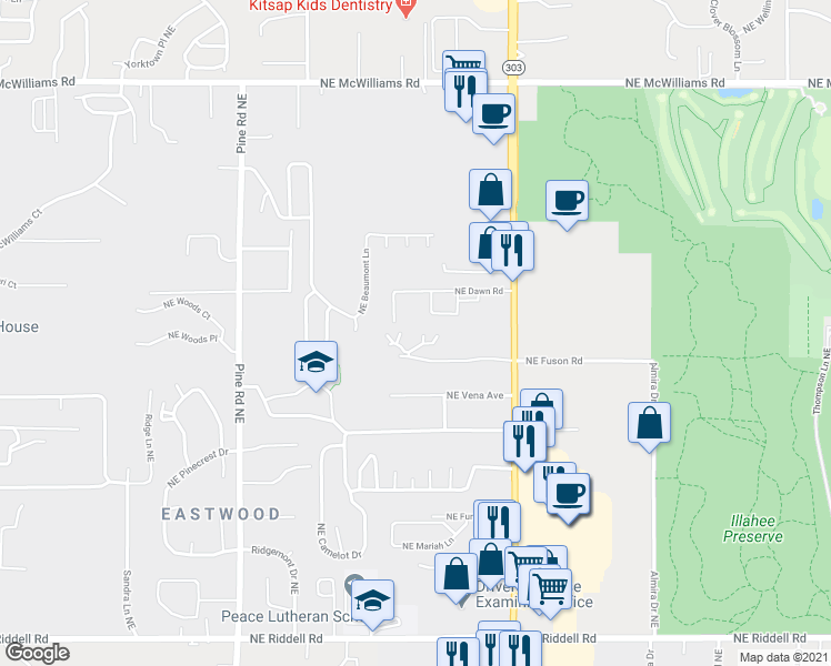 map of restaurants, bars, coffee shops, grocery stores, and more near 1302 Northeast Jasmine Lane in Bremerton