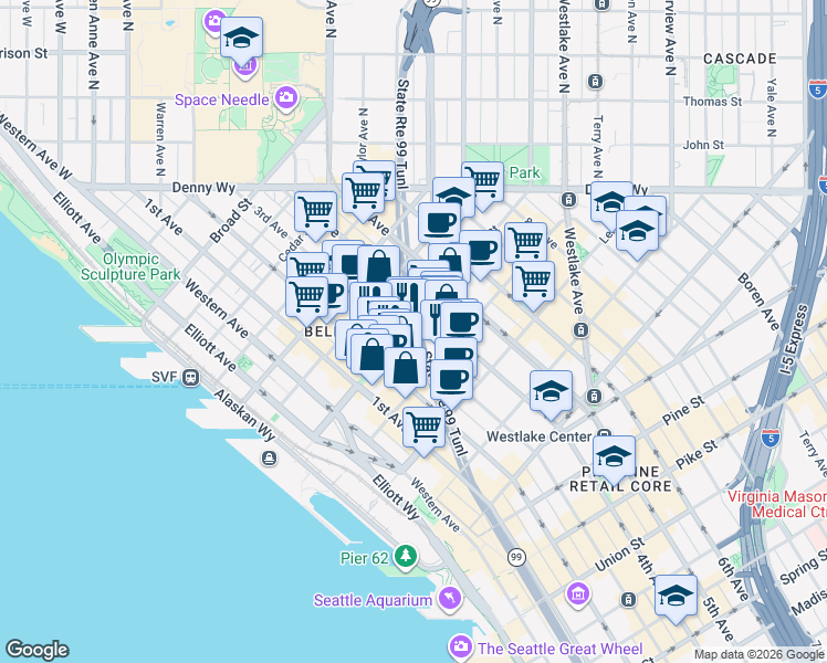 map of restaurants, bars, coffee shops, grocery stores, and more near in Seattle
