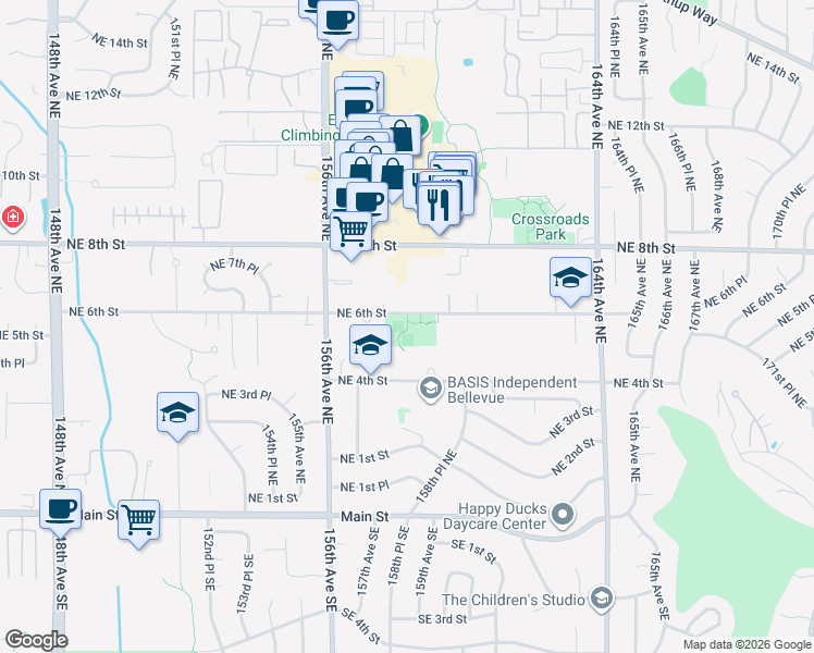 map of restaurants, bars, coffee shops, grocery stores, and more near 15803 Northeast 6th Street in Bellevue