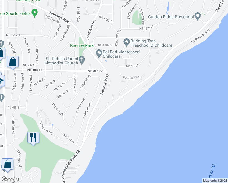 map of restaurants, bars, coffee shops, grocery stores, and more near 520 176th Lane Northeast in Bellevue