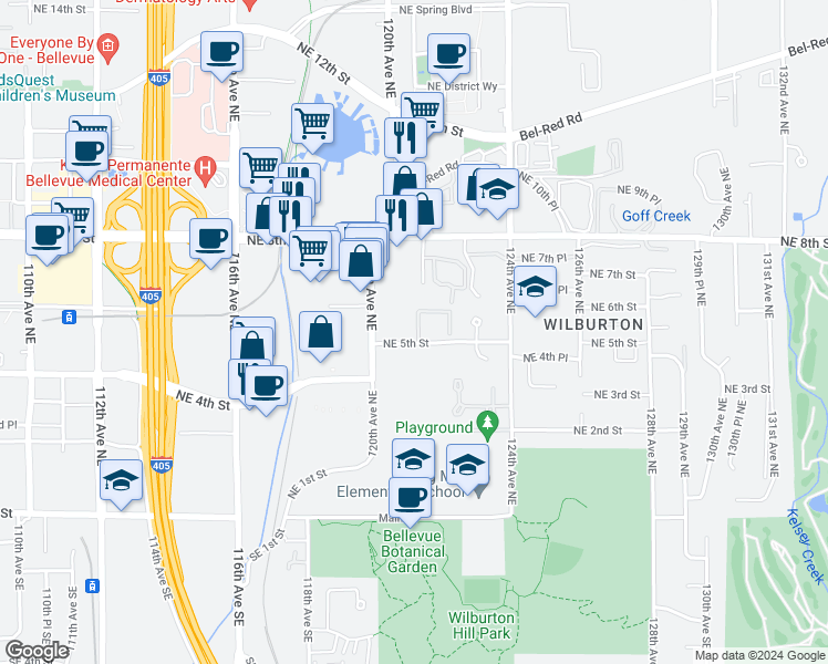 map of restaurants, bars, coffee shops, grocery stores, and more near 507 121st Place Northeast in Bellevue