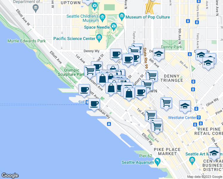 map of restaurants, bars, coffee shops, grocery stores, and more near 2521 1st Avenue in Seattle